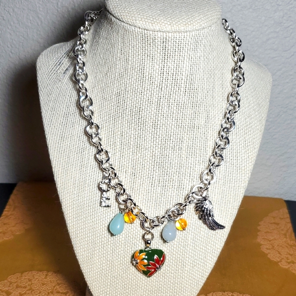 🍒NIB GUESS CHARM Silver Charm Necklace with Colorful Accents